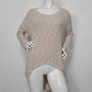 Express "NEW" Tan White Coquette Coastal Marled Lace Up Side Tunic Sweater Sz M
